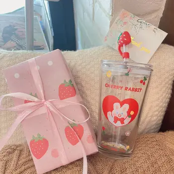 Rezistente la căldură de Sticlă Cana de Apa cu Capac Paie Creative Desene animate cu Lapte Suc de uz Casnic din Sticlă Roz Cute Strawberry Sticla de Apa