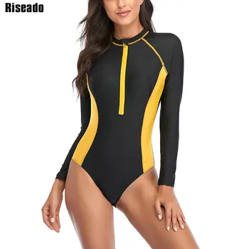 Riseado Frontal cu Fermoar pentru Femei costume de Baie O Piesă de Sport Rashguard Maneca Lunga, Costume de baie pentru Femei Mozaic Costum de Baie Beachwear