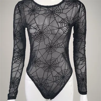 Rosetic Gotic Spider Web Sexy Body Femei Ochiurilor De Plasă Transparentă Top Cu Maneci Lungi Salopeta Scurta Neagra Goth Costume De Vară 2022