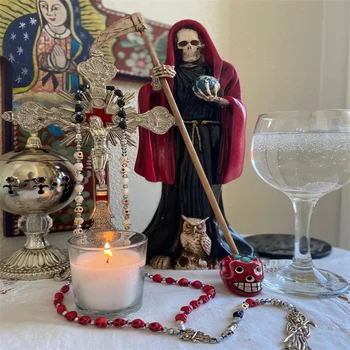 Santa Muerte Rozariu - Saint morții mort oculte rozariul mexican death reaper bijuterii curcubeu craniu skully oferind sacrificegift