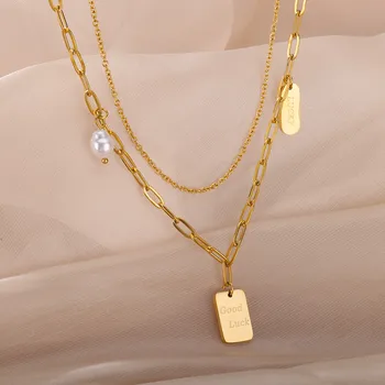 Simplu Pătrat Noroc Pandantiv Colier Pentru Femei Multi-strat din Oțel Inoxidabil Lanț Geometrică Colier de Perle Bijuterii Cadouri