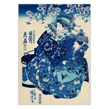 Unde este ogiya uchi Hanaogi Utagawa Kuniyoshi Epocă Arta Japoneză Poster Ukiyoe Stil Curtezană Femeie Panza de Imprimare Floare Albastră Arta de Perete