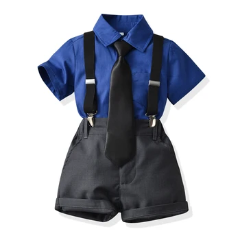 Vara Nou stil de Colegiu Baieti Set Haine Copii Băiat Maneca Scurta, Cravata+ Camasa+Bretele pantaloni Scurți Haine Tinutele Formale 3Pcs
