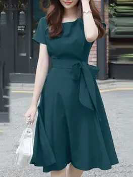 ZANZEA Femei Solid Slim Mini Dress O-Gat Maneci Scurte de Genunchi Lungime Sundress Elegant Liber Casual Vintage Munca de Partid O-Linie Halat