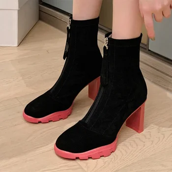 【JOCHEBED HU】Femei Vițel Cizme Platforma Zip-Up Bloc Tocuri Indesata Cizme din Piele Faux Pantofi Confortabili